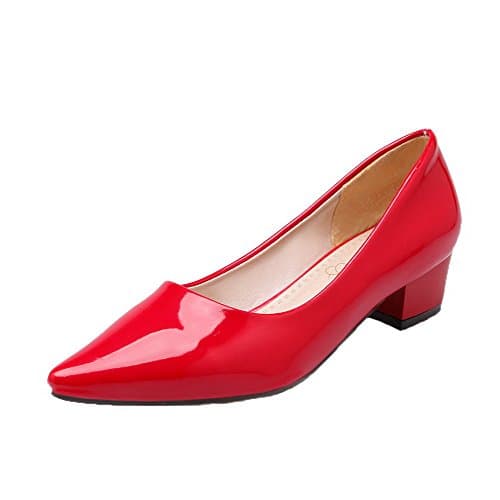 Odomolor Women's Pull-On Patent Leather Closed-Toe Low-Heels Solid Court Shoes, Red, 38