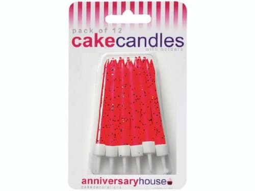 12 Red Glitter Cake Candles with Holders