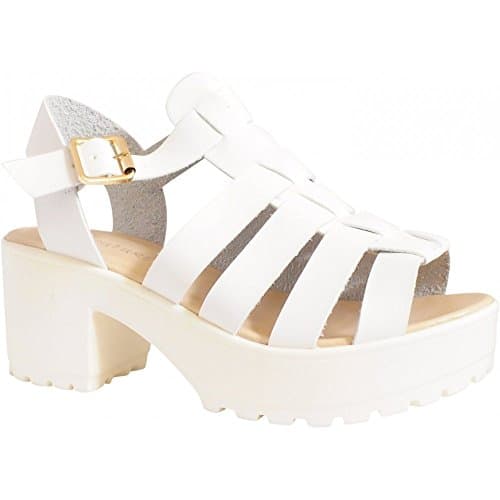 Cut Out Gladiator Platform Summer Sandals - Chunky Cleated Sole Block Heel - Black, White, Pink, Silver, Gold UK7 - EU40 - US9 - AU8 White PU