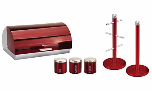SQ Professional 6-Piece Storage Set,Bread Bin,Canisters,Mug Tree,Towel Pole In Ruby