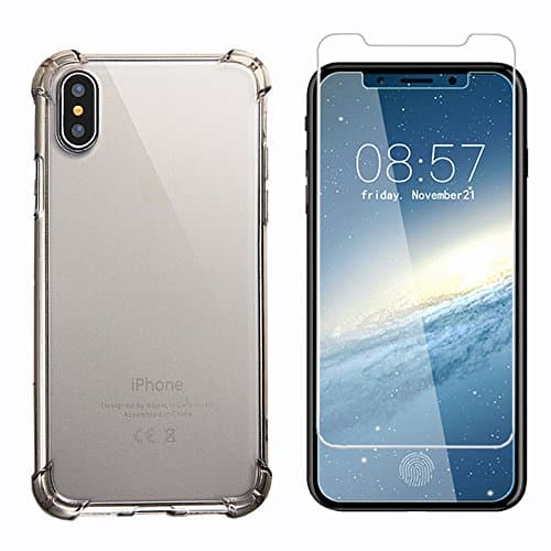For iPhone X Case Full Protection Anti Scratch Black Clear TPU Soft Case + 9H Resistant Tempered Glass