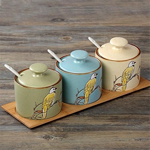 Ahui Spice Jar Creativity Hand Painted Pattern Cover spoon storage sugar coffee tea Condiments Cans Seasoning Bottle Canned Food Cooking and Dining -Set of 3-400ml, bird seasoning sauce set