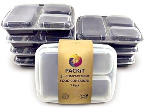 ATZ PACKiT - Meal Prep Containers 3 x Compartments and a Lid x 7, 100% BPA Safe, Portion Control Containers, Weight Watchers, Lunch box, Baby Food Containers, Healthy Snacks, Bento Box, Food Storage.