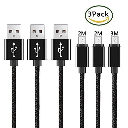 Micro USB Cable, [3 Pack] 2M+2M+3M Extra Long Cord Nylon Braided Android Cables for Samsung Galaxy, Samsung S6/S7, Samsung Note 4/5, Nexus, LG, Sony, HTC, Motorola, Kindle, Nokia and More, Black
