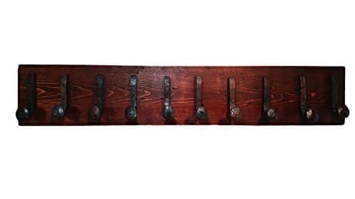 Heavy Duty Coat Hat Robe Tool Towel Hook Rail Rack Wall Mount Storage Display Rustic Holder Architectural Reclaimed Organizer Kitchen Bathroom Foyer Bedroom Closet Garden Garage Accessory Wooden Antique Vintage Metal (Red Mahogany and Antique Iron, 40" Rack Rail with 10 Railroad Spike Hooks)