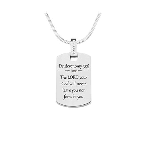 Pink Box Scripture Tag Necklace with Cubic Zirconia - Deuteronomy 31:6