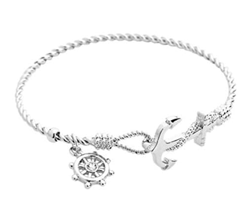 Womens Anchor Hook Bangle Bracelet with Ship Wheel By Surfside Jewelry