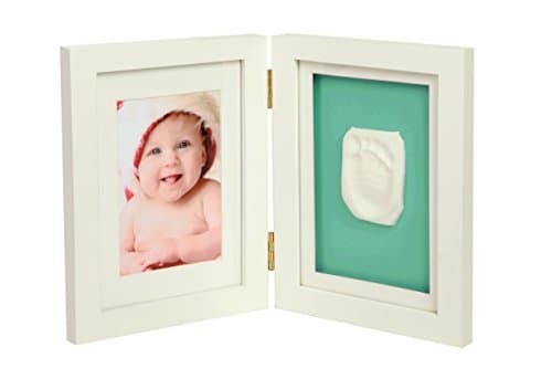 Baby casting impression kit for hand or foot -.Double desktop white frame casting kit. Baby keepsake to cherish for a lifetime. Gender neutral pastel green backboard. Great for a gift. High quality frame and 100% safe and non-toxic.