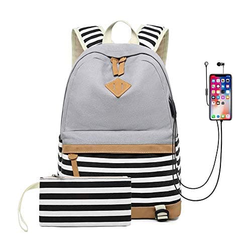 HFYSchool Backpack, Laptop Backpack 15.6 Inch, Canvas Backpack School Bags Set for Teens Girls School Backpack with USB Port and Earphone Port, Water Resistant College School Bag
