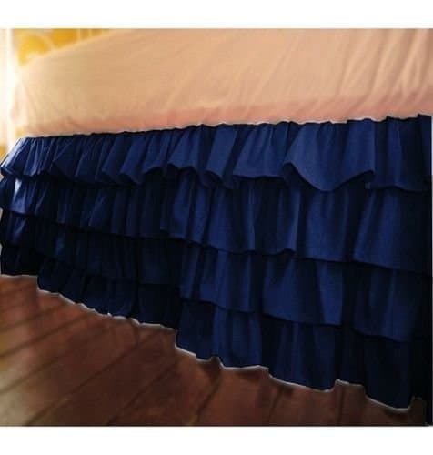 3Pc Multi Ruffle Bed Skirt Queen Size 16'' Drop Fall Length Navy Blue Solid 900TC 100%Egyptian Cotton