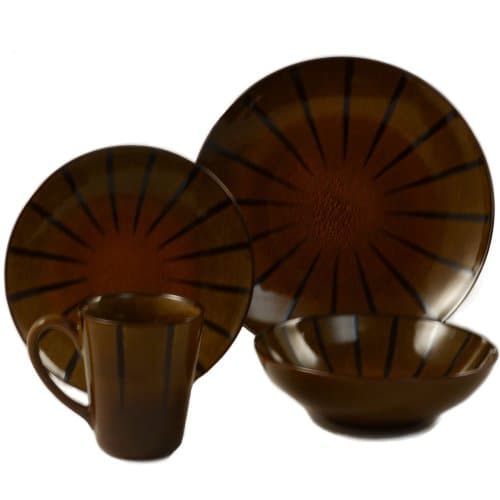 Uxmal Round Coupe Stoneware 16-Piece Dinnerware Set, Copper Brown, Service for 4