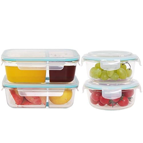 Glass Meal Prep Containers 2 Compartment with Locking Lids Mix Set (Rectangle Containers 35.5oz2+ Round Containers 22.0oz2) Microwave Lunch Containers for Food Storage