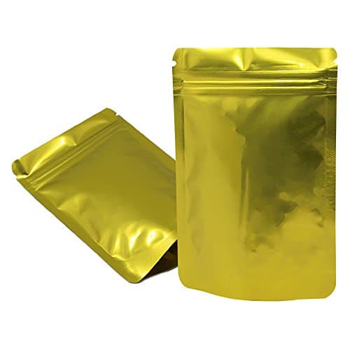 100 Pcs 8.5 x 13 cm (3.3 x 5.1 inch) Heat Seal Aluminium Foil Stand Up Bags Pouches Grip Seal Zip Lock Food Grade Packaging Bag Mylar Aluminum Reclosable Zipper Package (Gold)