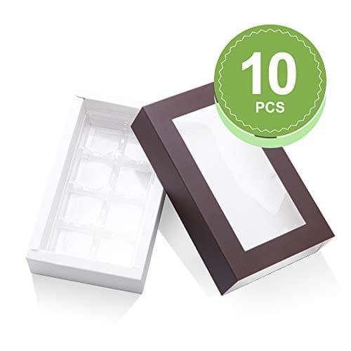 BAKIPACK Truffle Box, Chocolate Box Packaging, Candy Boxes with 8-Piece Plastics Tray（Tray Size with 5.75x2.75 Inches), Pull Out Packing with Clear Window Sleeves, Dark Brown 10 PCS