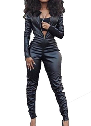 xiaokong Womens Solid Long Sleeve Plus-Size Leather Rompers Pants