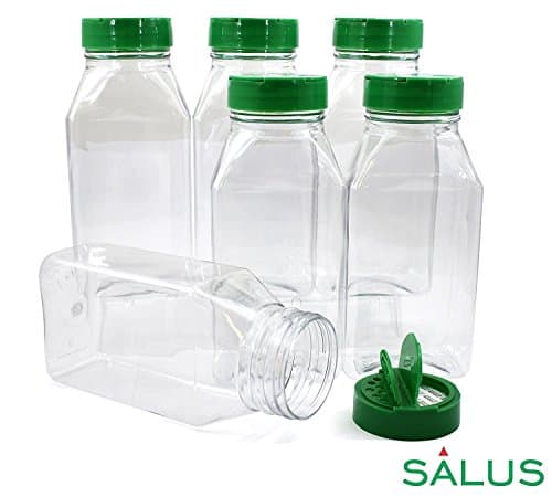 SALUSWARE - 24 PACK - 14 Oz with Green Cap - Plastic Spice Jars Bottles Containers - Perfect for Storing Spice, Herbs and Powders - Lined Cap - Safe Plastic - PET - BPA free - Made in the USA … (24)