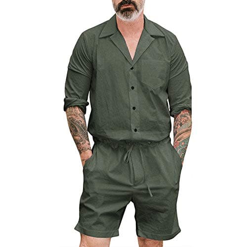 Mens Long Sleeve Cargo Romper Overalls,Button Down Tee Short Jumpsuit Workwear