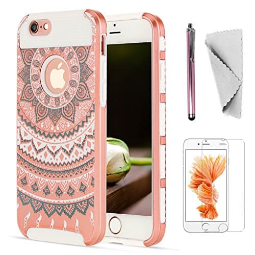 iPhone 6S Case, iPhone 6 Case KXLY Hybrid Slim Case Heavy Duty Shockproof Protective Cover Hard PC Rugged Soft TPU Bumper Armor Dual Layer+Screen Protector+Stylus[Mandala/Light Rose Gold-White]