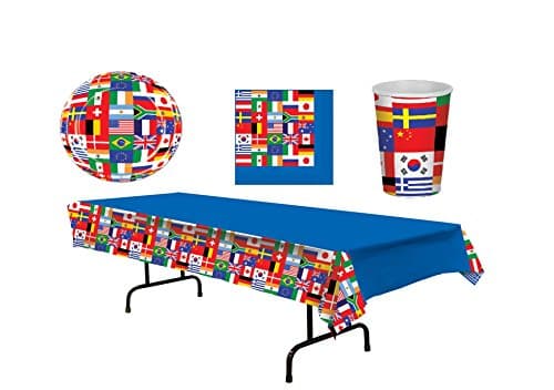 International World Flags Super Party -Bundle for 16: Plates Cups Napkins Plastic Table Cover And Banner