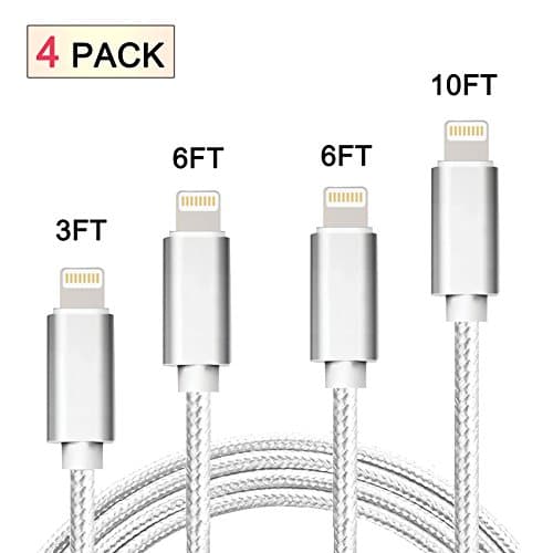 Azazar Lightning Cable, 4PCS 3FT 6FT 10FT Mfi Certified iPhone Cable Nylon Braided 8 Pin Syncing and Charging Cables Charger Cord for Apple iPhone x/8/7/7 Plus/6/6s/6s plus, 5c/5s/5/SE, iPad(Silver)