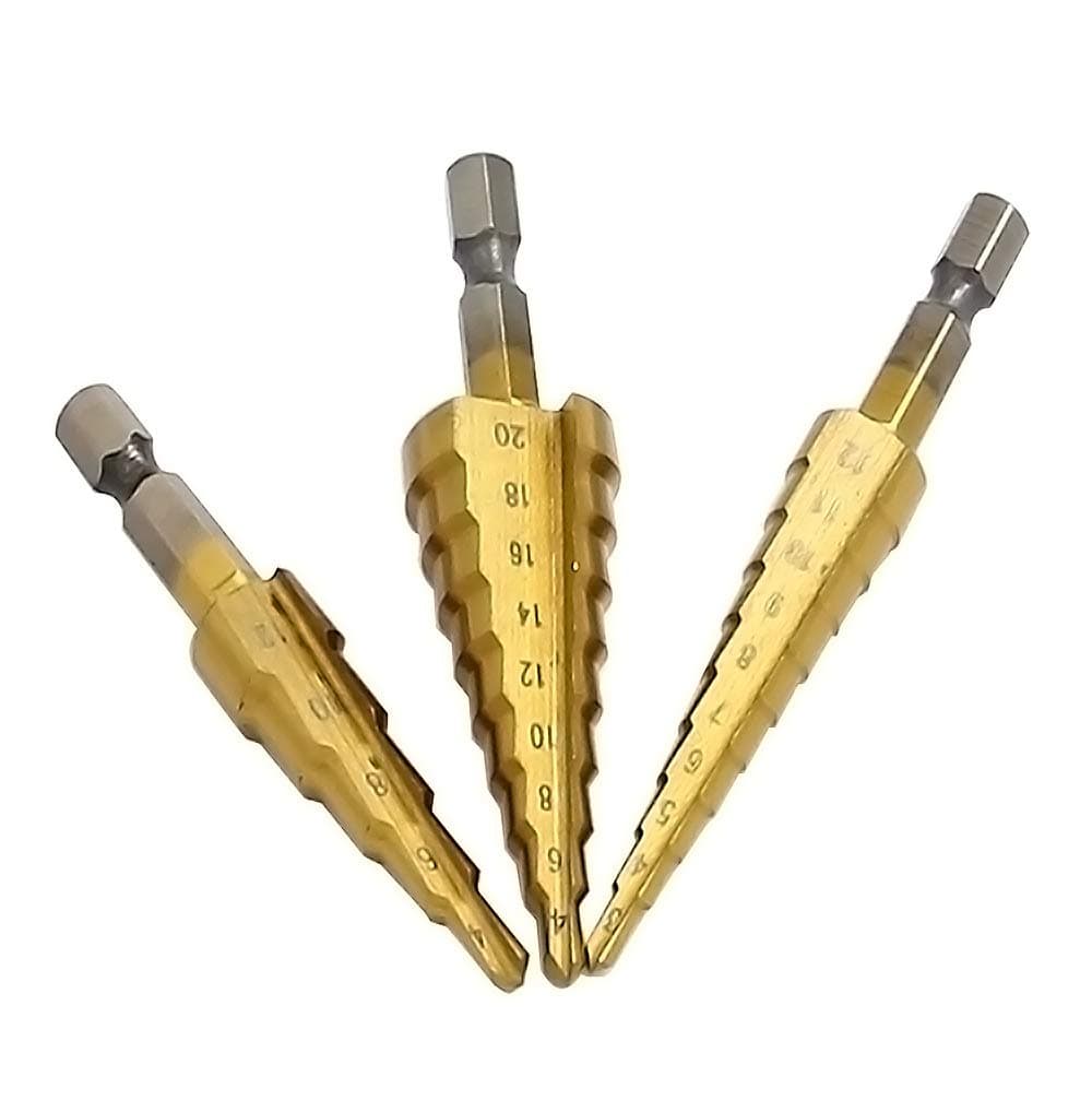 Meichoon HSS Step Drill Bit Set 3 Pcs 3-12mm/4-12mm/4-20mm, Titanium Coated Drilling Tool Multi-Functional Hex Shank DC06