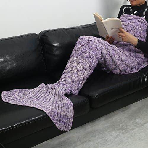 Mermaid Tail Blanket Rug Scales Pattern Sleeping Bag Handmade Wave Crochet Knitting Soft Warm for Adult Teens Kids Living Room Bedroom Sofa All Seasons (71''ⅹ35.5''(adult), light purple)