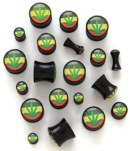 Rasta Pattern &amp; Pot Leaf Acrylic Saddle Plugs - Sold by Pair (Choose Size) (2G (6mm))