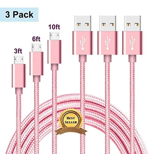 Micro USB Cable Android Charger 3Pack 3FT 6FT 10FT Micro USB Charging Cable Samsung Charger Cord Fast Charger Nylon Braided High Speed for Samsung Note 3/4/5 Galaxy S7/S6/S5/S4 LG Song more (Pink)
