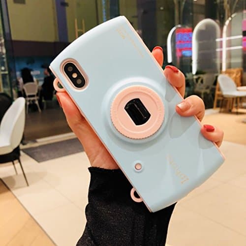 iPhone X Case, Cute 3D Unique Camera Design, PC Hard Case + Soft Silicone Shockproof Cover Case with Long Strap Rope for Girls, Women and Teenagers (4.7 Inch) - Blue/Pink