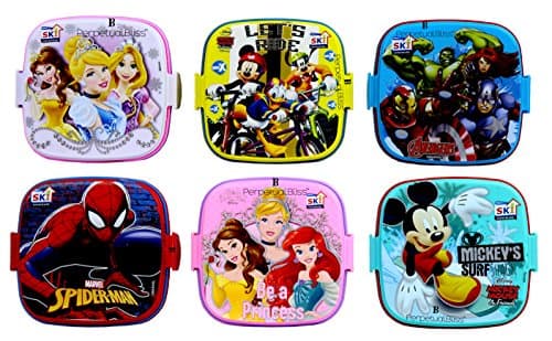 Perpetual Bliss Fancy Disney Theme Square Lunch Box Double Layer for Kids Return Gifts |Dimension|cm: 13x13x10 (Pack of 6)