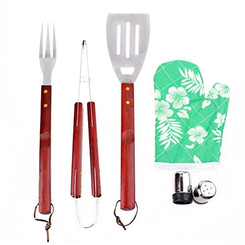 BQ Tools Set, 7-Piece Grill Tools set, Wooden handle Barbecue Grilling Utensils, Premium Grilling Accessories for Barbecue - clip, shovel, fork,Condiment bottles,insulation gloves,apron