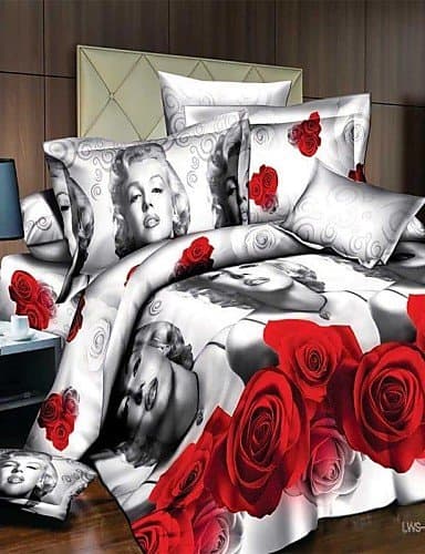 wwgy Duvet Cover Set,3D Rose Pattern Flat Sheet Bed Sheet Duvet Cover and Pillow Covers Queen Size Bedding Set