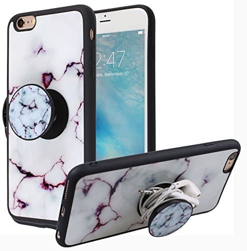 iPhone 6 Plus Case, Marble Stone Texture Slim Hybrid Hard Back [POP UP KickStand] + Soft TPU Bumper Protective Durable Case iPhone 6s Plus (White 3)