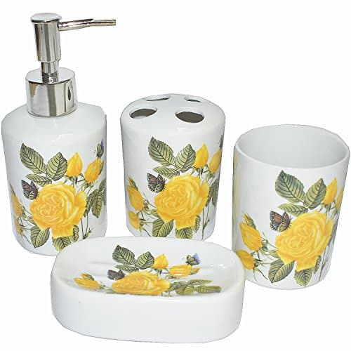ROSE CREATE White Ceramic Flowers Bathroom Accessory Set, Liquid Soap or Lotion Dispenser Pump, Toothbrush Holder, Soap Dish and Tumbler, Toilet Brush Accessories Set, 4 Piece Bath Ensemble (Yellow)