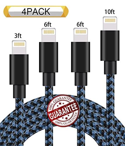 Zcen Lightning Cable 4Pack 3FT 6FT 6FT 10FT Nylon Braided Certified iPhone Cable USB Cord Charging Charger for iPhone X,8, 7, 7 Plus, 6, 6s, 6+, 5, 5c, 5s, SE, iPad, iPod, iPod Touch Black Blue