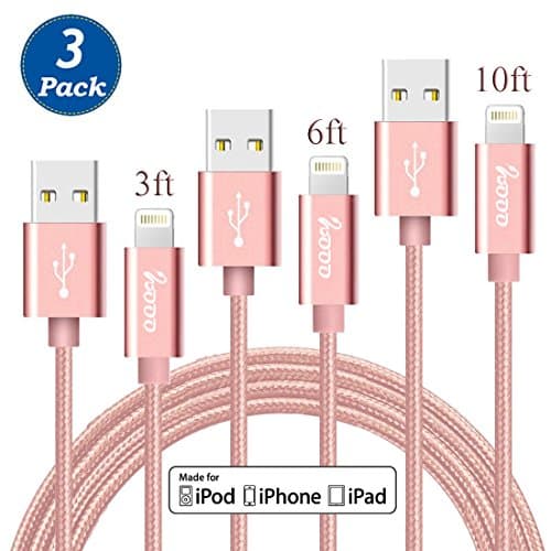 WOOO [3 Pack] 3FT 6FT 10FT 8 Pin Lightning to USB Cable Sync and Charging Cable Cord for iPhone 7/7 plus/ 6/6s/6 plus/6s plus, 5c/5s/5/SE, iPad Air/Mini, iPod Nano/Touch iOS 10 (Rose Gold)