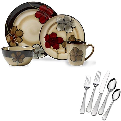 16-Piece Painted Poppies Patterns And Accents Stoneware Dinnerware Set (Service For 4) And 20-Piece Stainless Steel Satin Symmetry Flatware Set (Service For 4)
