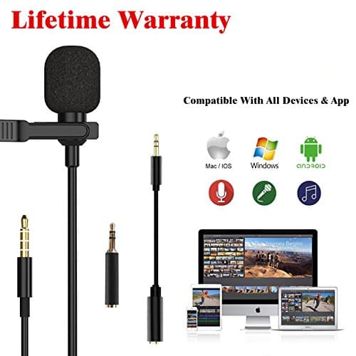 Lavalier Lapel Microphone-Clip-on Condenser Microphone for Apple iPhone Android Smartphones PC &amp; Camera Perfect for Recording Youtube,Interview,Studio,Video