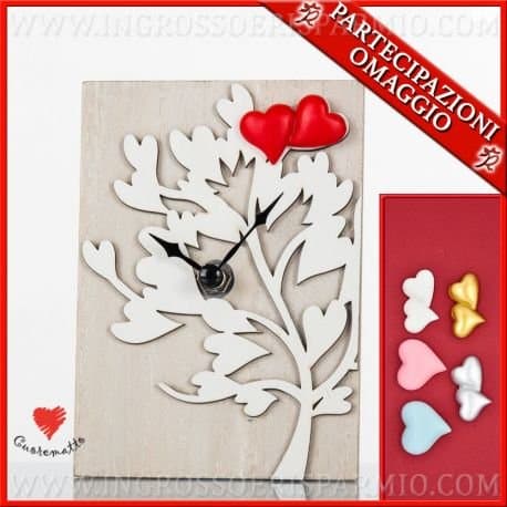 cuorematto – Clock with Wooden Base and Hands Messenger Decorated with Tree of Life Embossed White and Magnet calamaita Double Heart Shape Red, complete with Gift Box – bombonire Wedding, Wedding, Anniversary, Communion, Confirmation, Birth, baptism, communion, confirmation, Birth, Christening cuore rosa Sacchetto Celeste