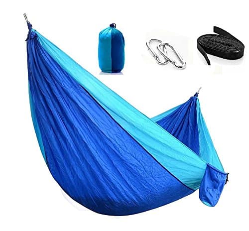 Miustyle Camping Backpacking Double Nylon Hammock With Hanging Straps&amp;Carabiners, Lightweight Portable For Travel, Beach, Patio Courtyard, With Max 500 lbs Breaking Capacity (Blue/Sky Blue)
