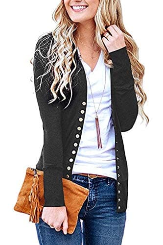Women's S-3XL Solid Button Front Knitwears Long Sleeve Casual Cardigans Charcoal S