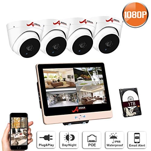 ANRAN POE Home Security Camera System, POE Surveillance Video Security System 4 HD 1080P Indoor Outdoor Cameras 8 Channel 12 Inch LCD Monitor NVR 1TB Hard Drive, Plug and Play, Motion Detection