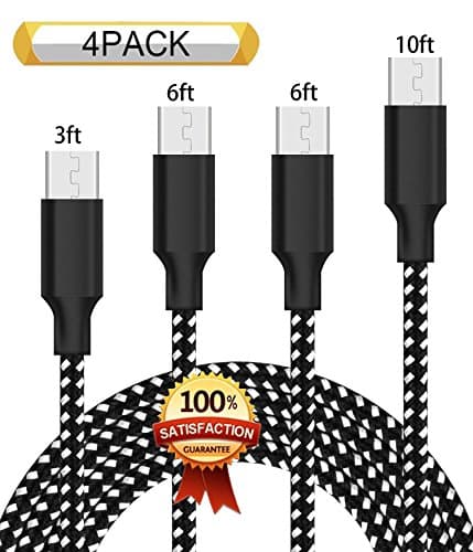 XIANDAN Micro USB Cable,4Pack 3FT 6FT 6FT 10FT Nylon Braided Android Charger USB to Micro USB Charging Charger Cord for Samsung Galaxy S7 Edge/S7/S6/S4/S3,Note 5/4/3 (BLack&amp;White)
