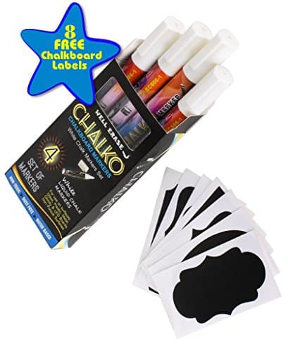 White Chalk/Liquid Markers-4 Pack Plus 8 Chalkboard Labels-Water-Based Pens with Reversible Tips Use On Mirrors, Glass, Metal, or Car Windows - Washable Ink Pens for Kids, Artists, Business Office Use