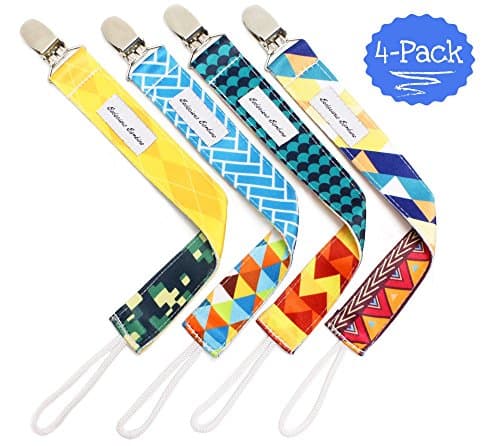 B.B. Pacifier Clip 4-Pack | 2-Sided Binky Clips for Baby Boys | Universal Strap/Holder/Leash for Soothies, Teethers, & Pacifiers by Bodacious Bambino
