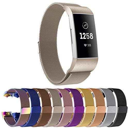 Replacement Compatible Fitbit Charge 3 Bands /Charge3 SE Metal Bands Wristband Accessory Magnetic Breathable Sport Bracelet Strap Small & Large for Women Men Silver Black 10 Colors JOY001