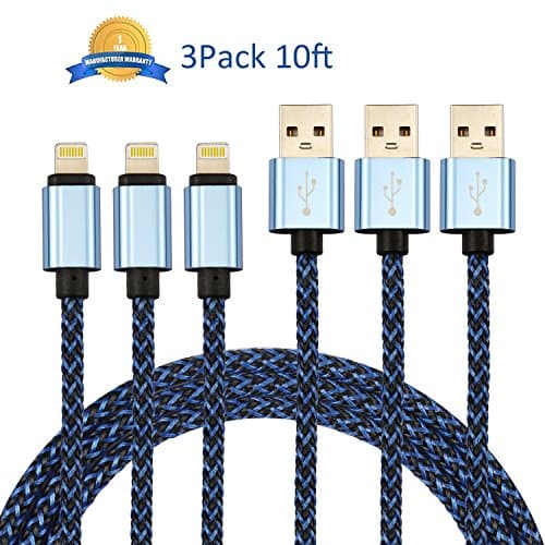 NEXCABLE 3Pack 10FT Extra Long 8 pin Lightning to USB Charger Charging Cable Nylon Braided Cord for iPhone 7/7 Plus/6/6 Plus/6s/6s Plus /5/5s/5c/SE/iPad/iPod and more(Blue)