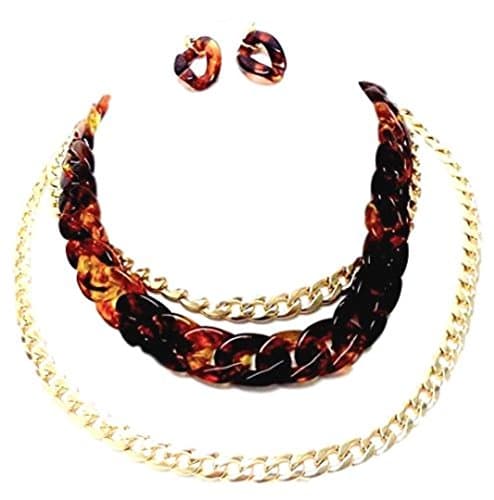 Chunky Leopard Print Multi Chain Necklace Earrings Set C57 Large Links Tortoise Shell Gold Tone