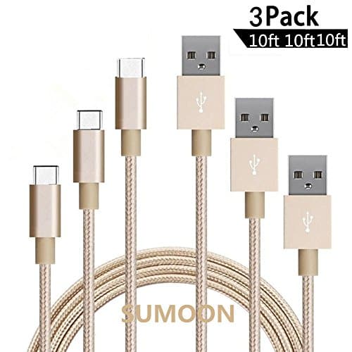 SUMOON Type C Cable, 3 Pack 10FT Nylon Braided USB A to C Fast Charging Cord for Galaxy Note 8, S8, S8 Plus, Google Pixel , Nexus 6p/5X, LG G6/G5/V20,Nintendo Switch and More (Gold)