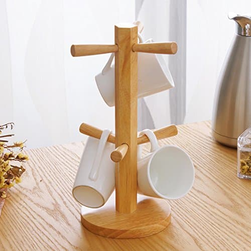 Tree Shape Wood Coffee Tea Cup Storage Holder Stand Kitchen Mug Hanging Display Rack Drinkware Shelf With 6 Hooks